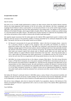An open letter via email 29 October 2014 Dear Sir Jeremy, We write