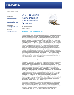 TP Alert 2015-012: U.S. Tax Court`s Altera Decision Raises Broader