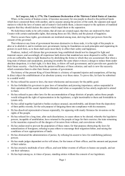 Page 1 In Congress, July 4, 1776, The Unanimous Declaration of