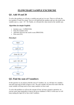 FLOWCHART SAMPLE EXCERCISE Q1. Add 10 and 20 Q2. Find