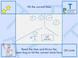 QR code! Image of the activity! Read the time and throw the bean