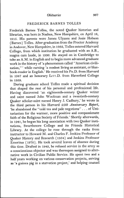 FREDERICK BARNES TOLLES Frederick Barnes Tolles, the noted