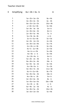 Teacher check list E Simplifying 4a + 2b + 3a - b A
