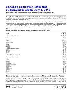 Canada`s population estimates: Subprovincial areas, July 1, 2013