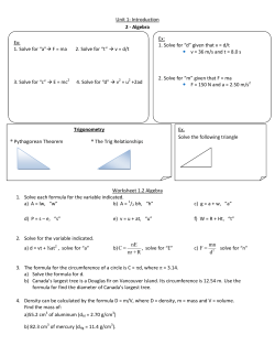 Unit 1: Introduction 2 - Algebra Worksheet 1.2 Algebra 1. Solve each