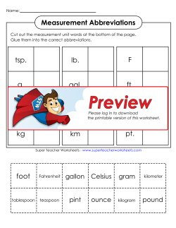 Measurement Abbreviations lb. tbsp. pt. gal. g kg foot tsp. C km F ft. oz.