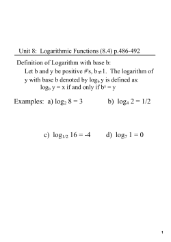 Examples: a) log2 8 = 3 b) log4 2 = 1/2 c) log1/2 16 = 4 d) log7 1 = 0