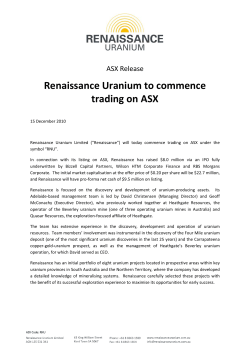 Renaissance Uranium to commence trading on ASX