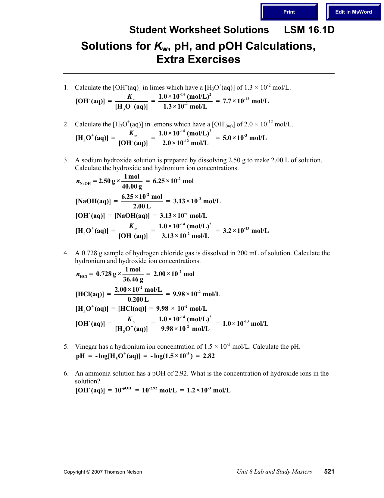 Solutions for Kw, pH, and pOH Calculations, Extra Exercises Pertaining To Ph And Poh Worksheet