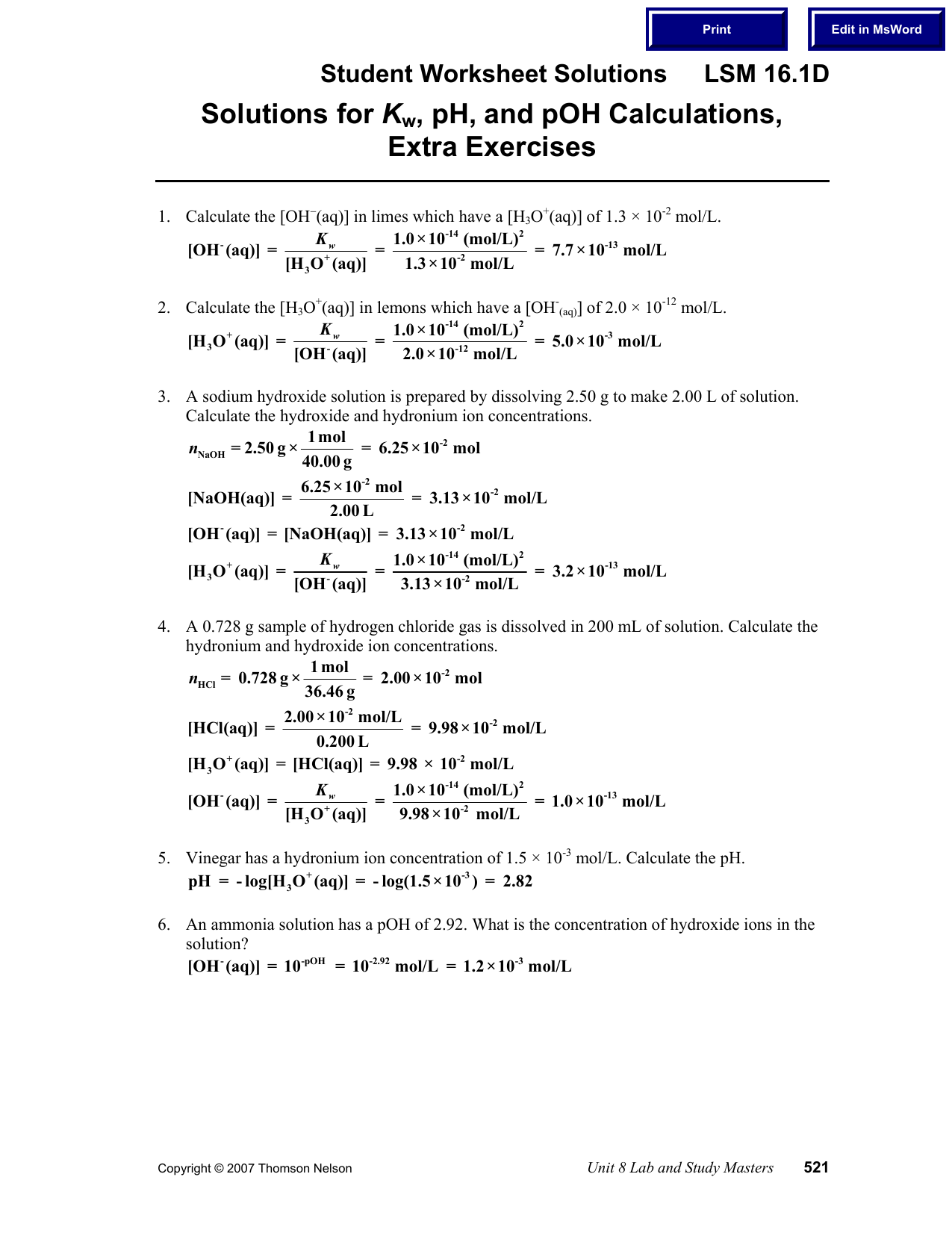 Ph And Poh Worksheet - E-streetlight.com