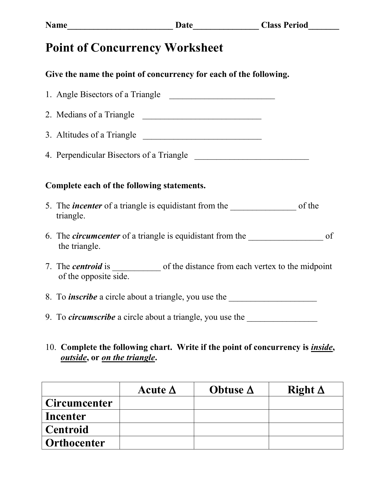 Point of Concurrency Wksheet For Points Of Concurrency Worksheet