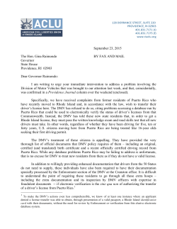 Gov Raimondo letter re DMV and Puerto Rican licenses