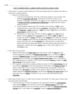 UNIT 2 GUIDED NOTES: LABOR UNIONS, POLITICS