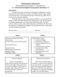 Culmination Classwork Week Sixteen: December 4