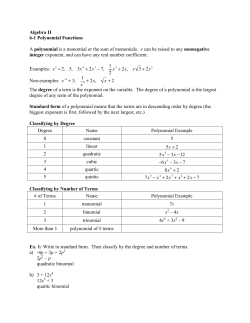 Algebra II 6-1 Polynomial Functions A polynomial is a monomial or