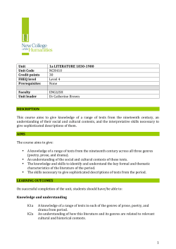 1 Unit 1a LITERATURE 1830-‐1900 Unit Code NCH410 Credit
