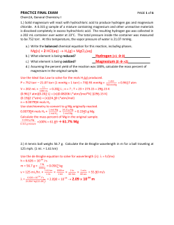 PRACTICE FINAL EXAM Mg(s) + 2 HCl(aq) &rarr; H2(g) + MgCl2(aq) m