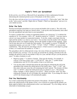 Kepler`s Third Law Spreadsheet Enter the Data Find