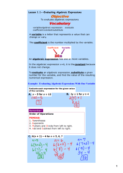 Lesson 1.1--Evaluating Algebraic Expressions Example: Evaluating