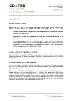 GRAPHITE AT CRATER GOLD MINING`S GOLDEN GATE PROJECT