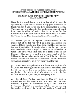 POPE JOHN PAUL II`S VISION FOR NEW EVANGELIZATION