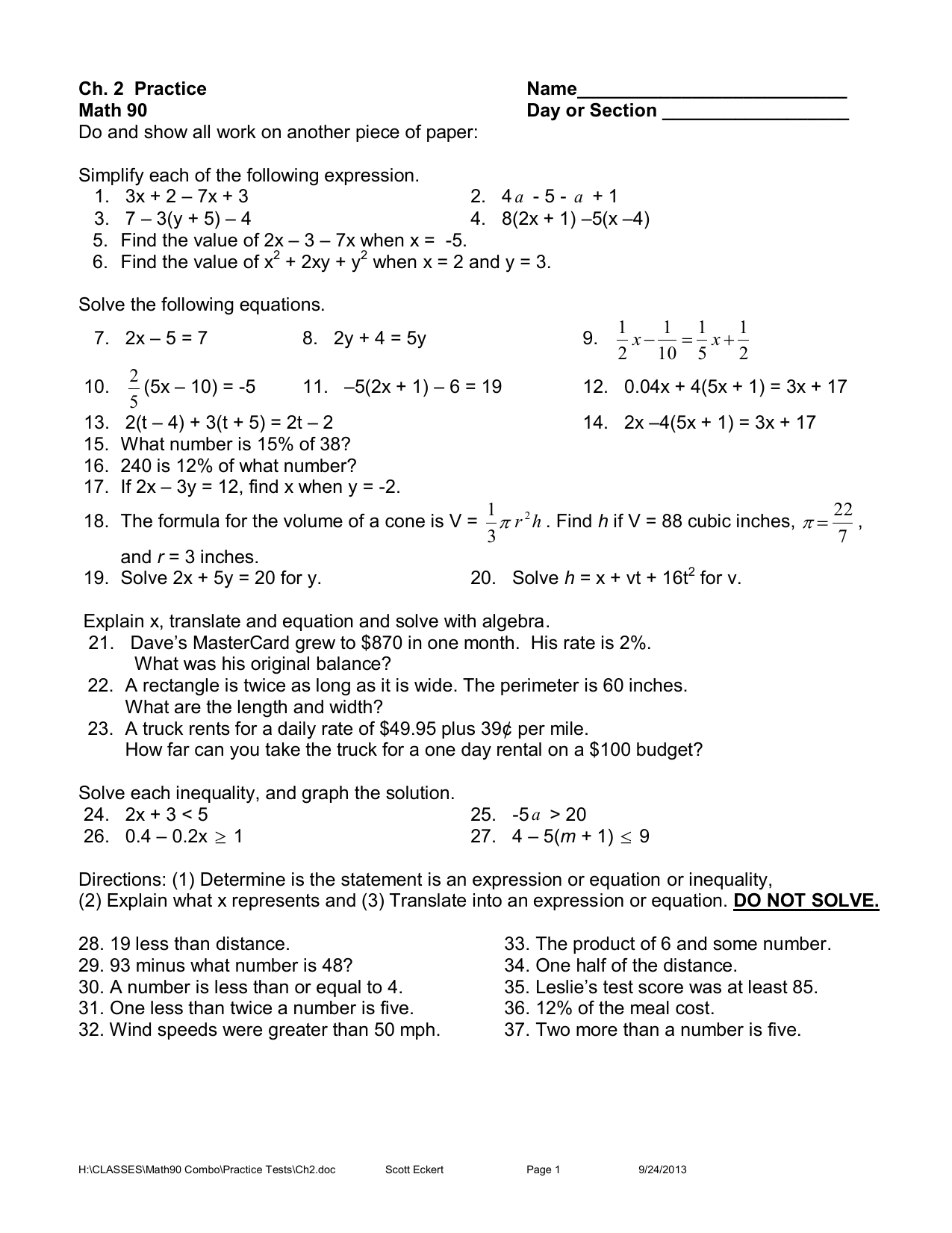 Ch 2 Practice Name Math 90 Day