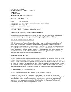 HRS 113 (GE Area C2) “CULTURE OF CLASSICAL GREECE” FALL