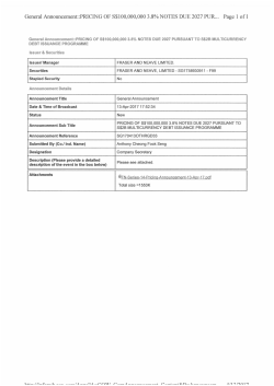 Pricing of S$100000000 3.8% Notes Due 2027