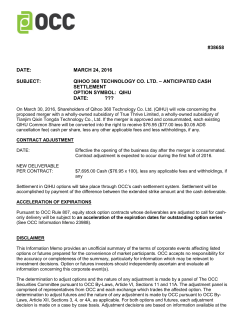 anticipated cash settlement option symbol: qihu date