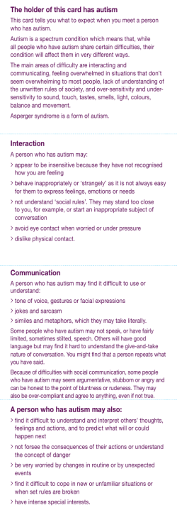 The holder of this card has autism Interaction Communication A