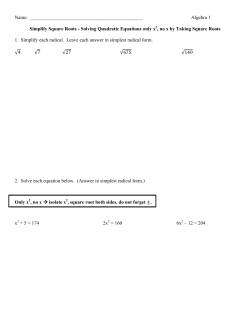 Algebra 1 Simplify Square Roots - Solving Quadratic Equations only