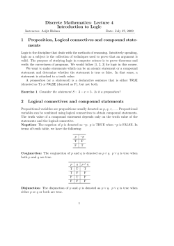 Discrete Mathematics: Lecture 4 Introduction to Logic 1 Proposition
