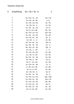 Teacher check list E Simplifying 4a + 2b + 3a - b C