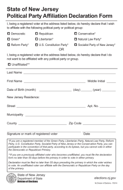 State of New Jersey Political Party Affiliation Declaration Form