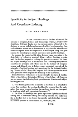 Specificity in Subject Headings