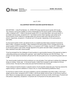 Cullen/Frost Reports 2nd Quarter Results