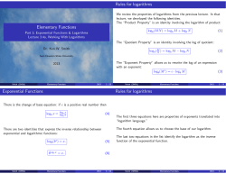 Elementary Functions Rules for logarithms Exponential Functions