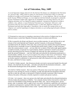 Act of Toleration, May, 1689