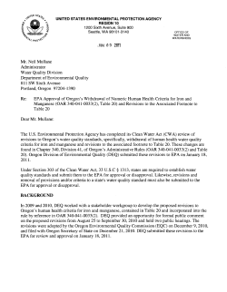 EPA Approval Letter of Oregon`s Withdrawal of Numeric Criteria for