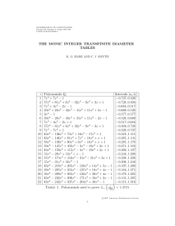 Tables for the Monic Integer Transfinite Diameter
