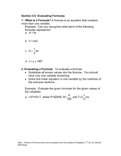 a. A = lw b. V = lwh c. A= 1 2 bh d. x + y = 180