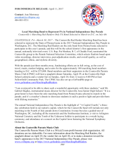 FOR IMMEDIATE RELEASE: April 11, 2017 Contact: Ann Morroney