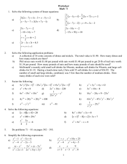 1 Worksheet Math 71 1. Solve the following system of linear equations