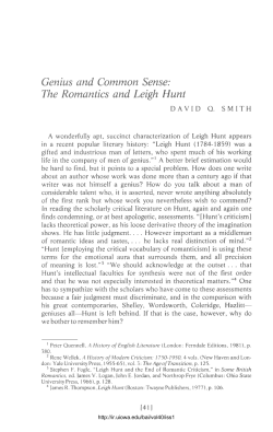 Genius and Common Sense: The Romantics and Leigh Hunt