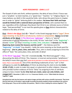 HOPE PERSONIFIED - JOHN 1:1-17 The Gospel of John sets forth