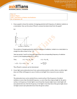 Class: 12 Subject: Physic s Topic: Duel Nature of Matter