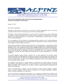 MANAGING PARTNER`S OPEN LETTER TO