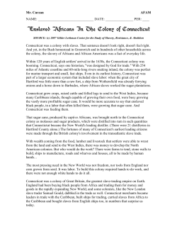 Enslaved Africans In The Colony of Connecticut
