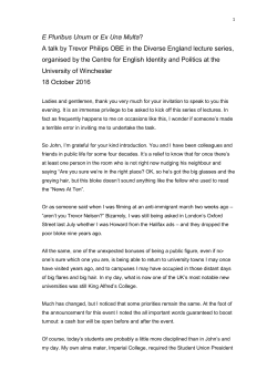E Pluribus Unum or Ex Una Multa? A talk by Trevor Philips OBE in