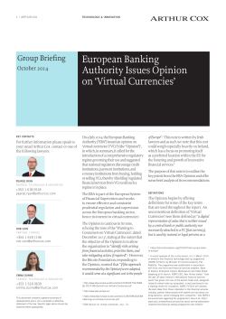 European Banking Authority Issues Opinion on `Virtual Currencies`